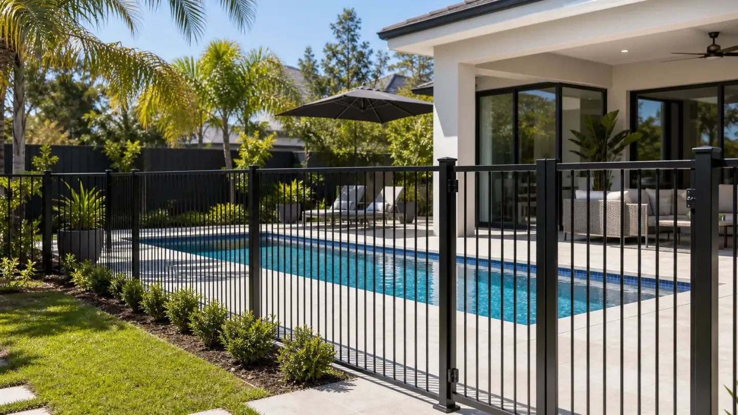 Black aluminium pool fencing installed around a residential swimming pool