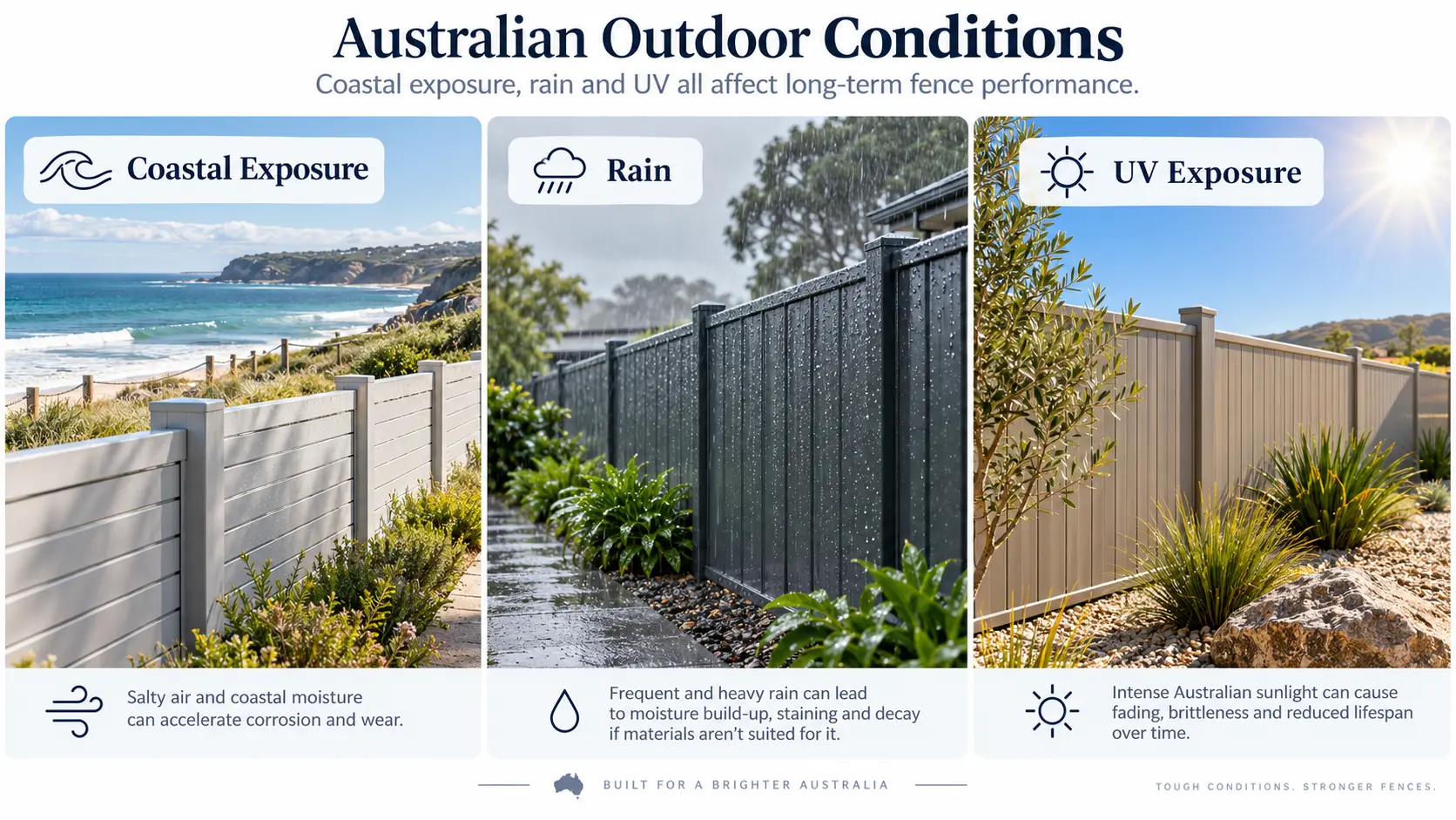 Illustration of fencing exposed to Australian coastal salt, rain and sunlight