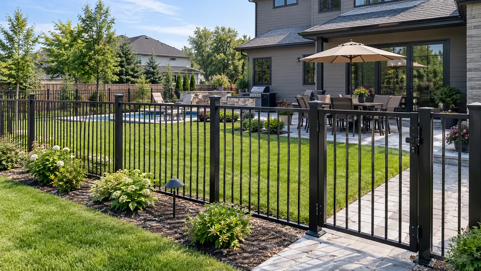 Illustration of a black flat top fence and matching gate around a landscaped backyard