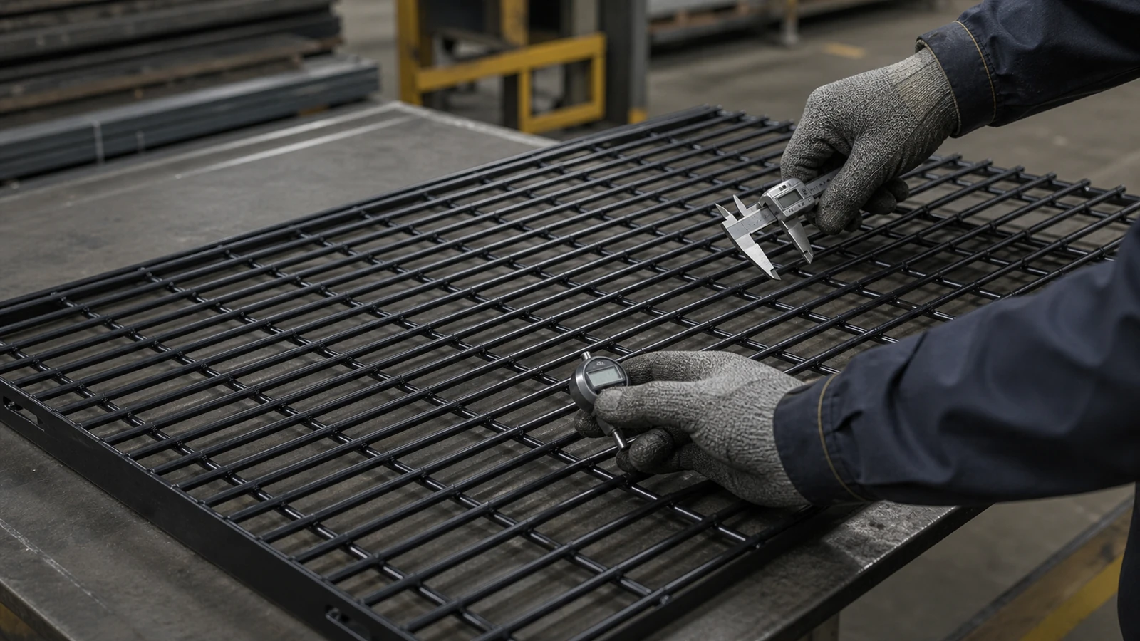 factory inspection of black 358 anti climb fence panel with measuring tools