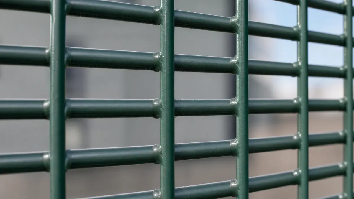 Close-up of welded 358 anti-climb fence mesh intersections