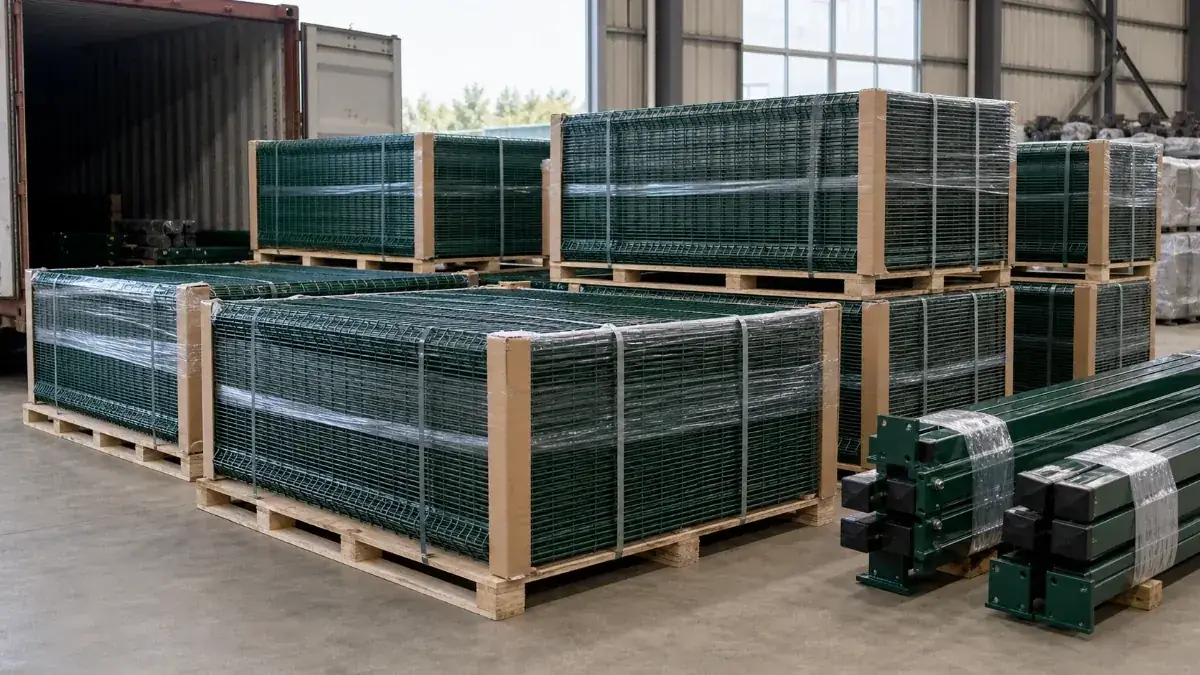 Export packed 3D wire mesh fence panels and posts on pallets for container loading
