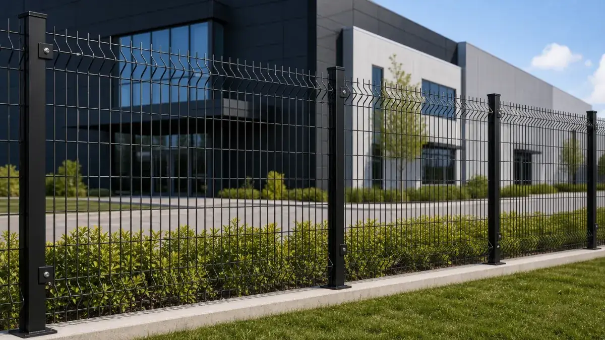Powder coated black 3D curved welded wire mesh fence at a commercial property