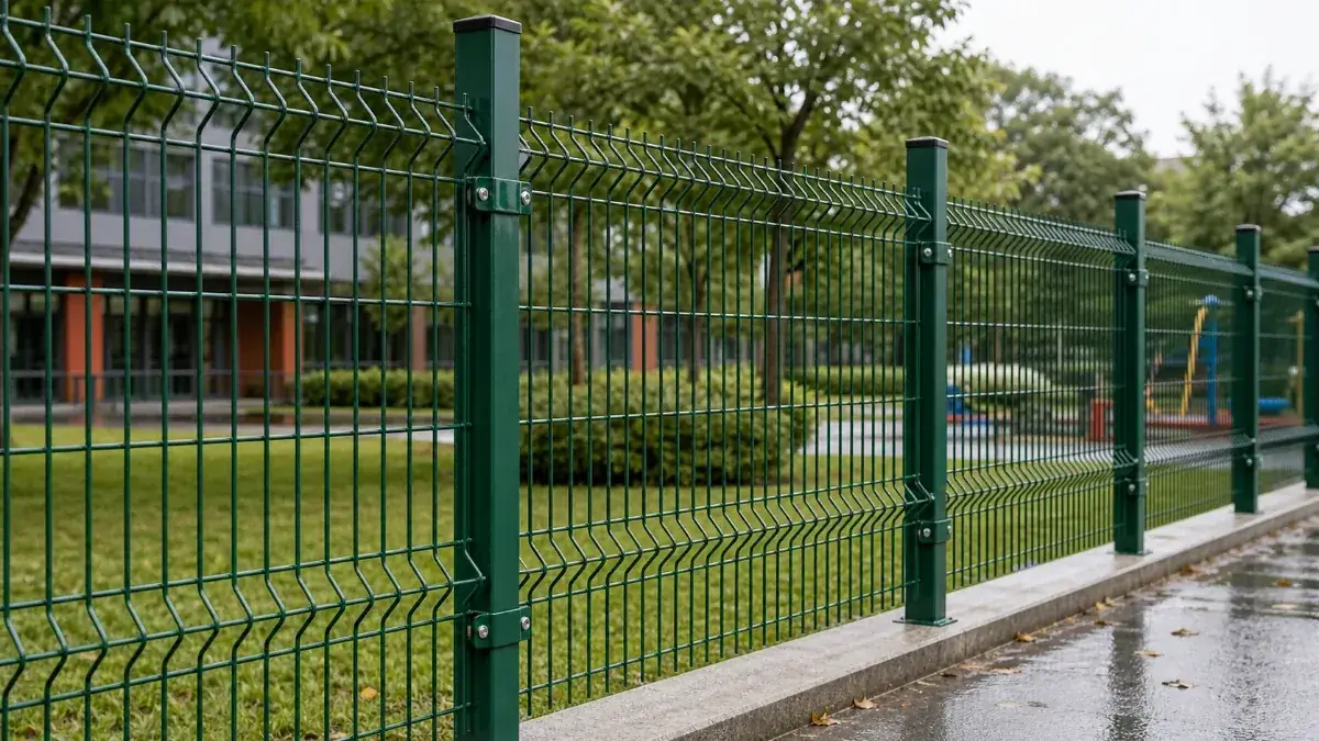 PVC coated green 3D welded wire mesh fence installed outdoors
