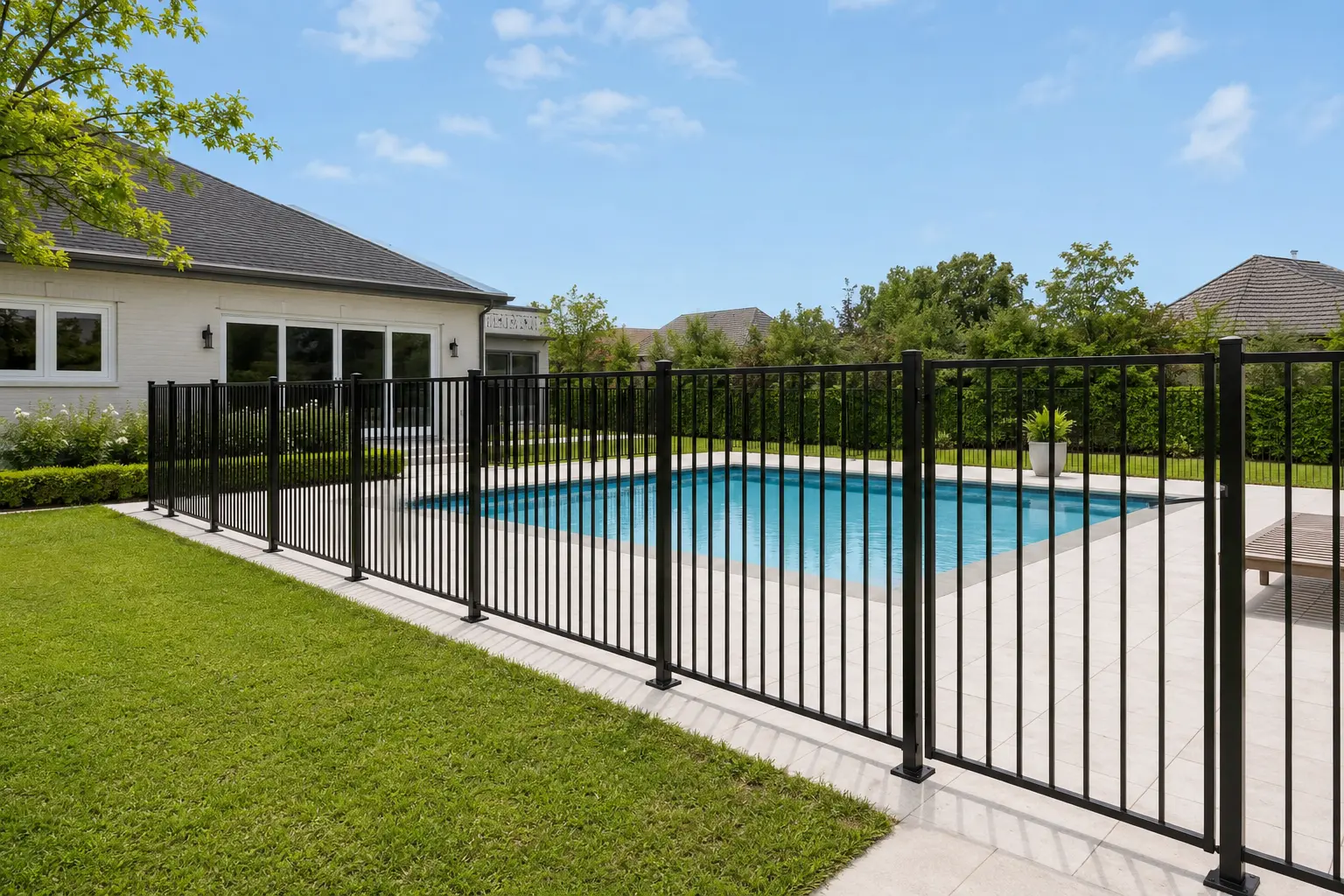 Black aluminium pool fencing installed around a residential swimming pool