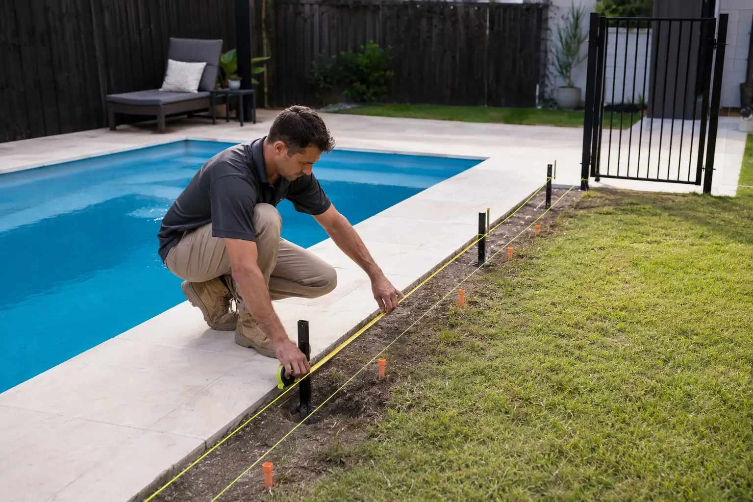 Installer measuring aluminium pool fencing set-out line beside a swimming pool
