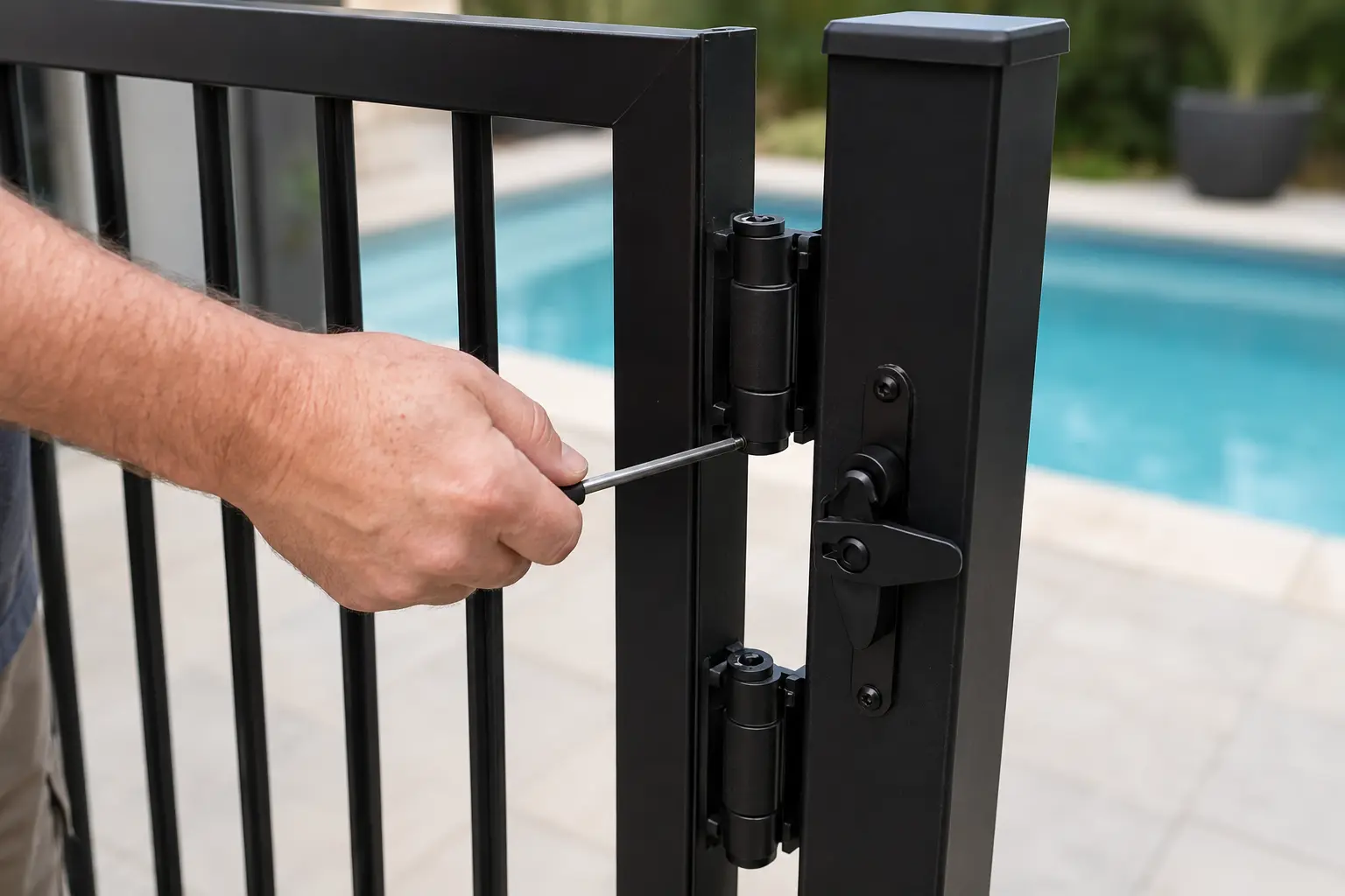 Installer adjusting black aluminium pool gate hinges and latch beside a swimming pool