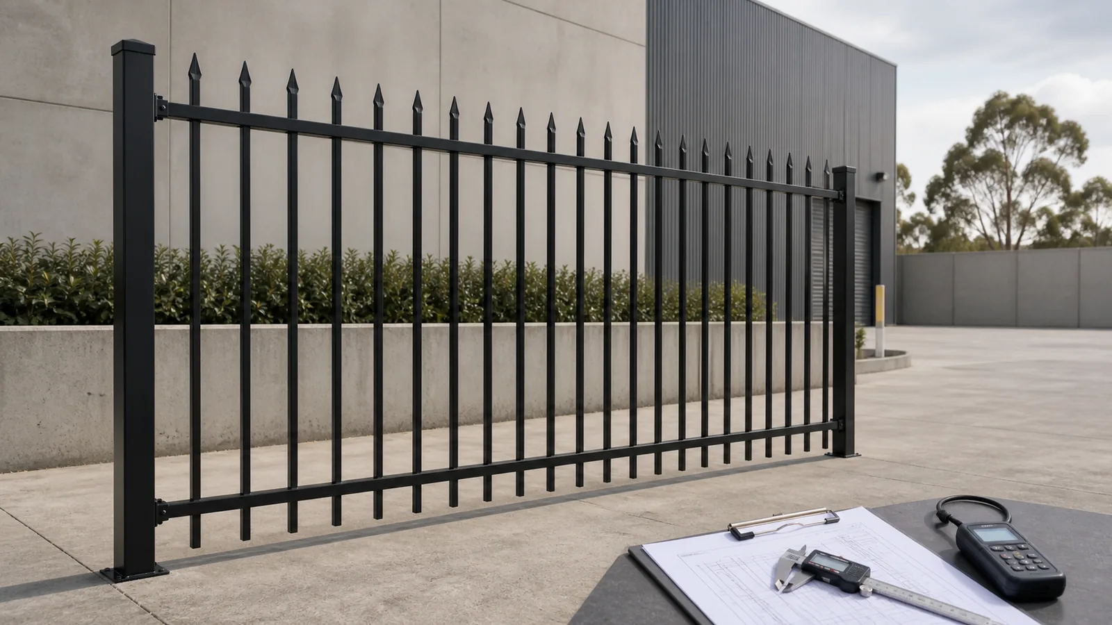 Black tubular steel garrison fence panel reviewed with a drawing caliper and coating gauge