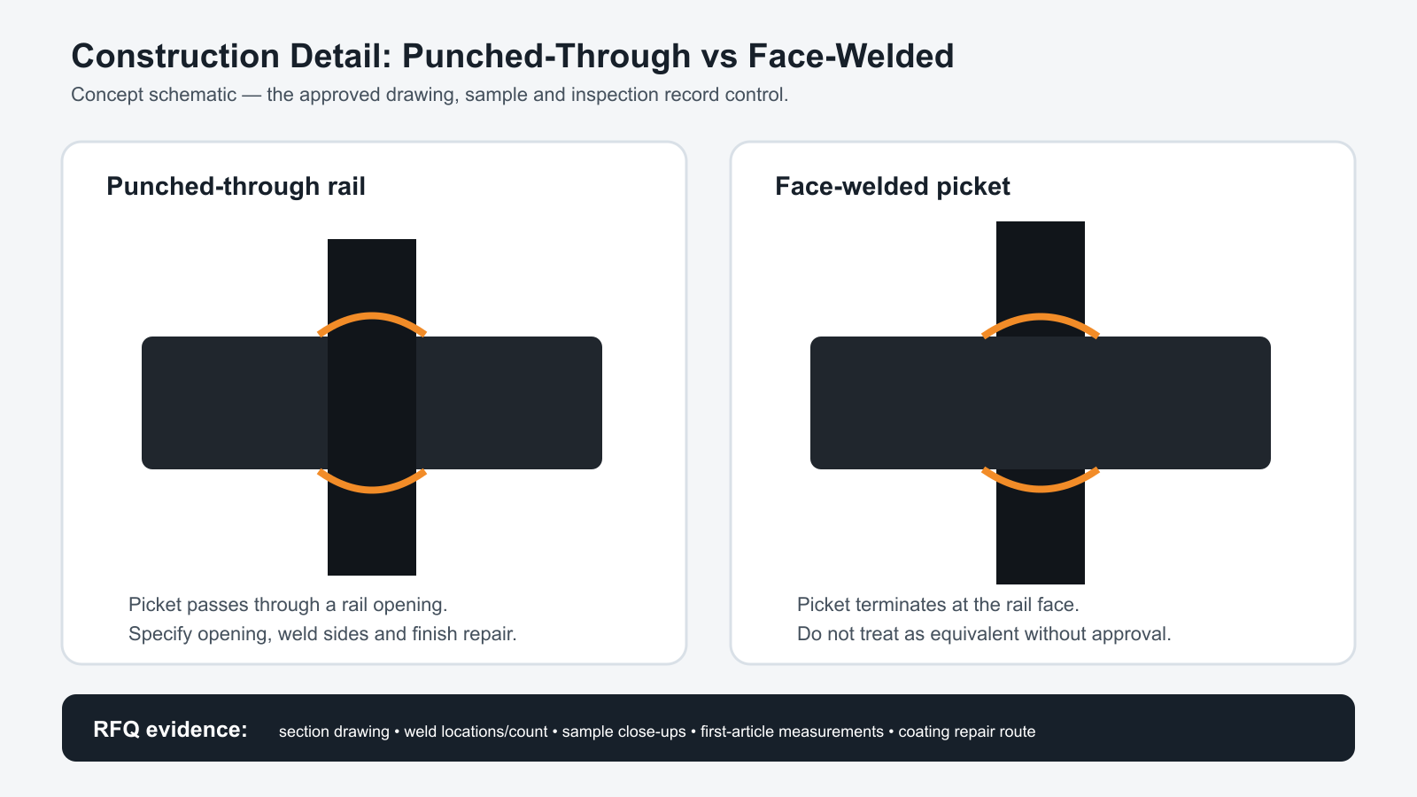 Concept schematic comparing a punched-through rail with a face-welded picket