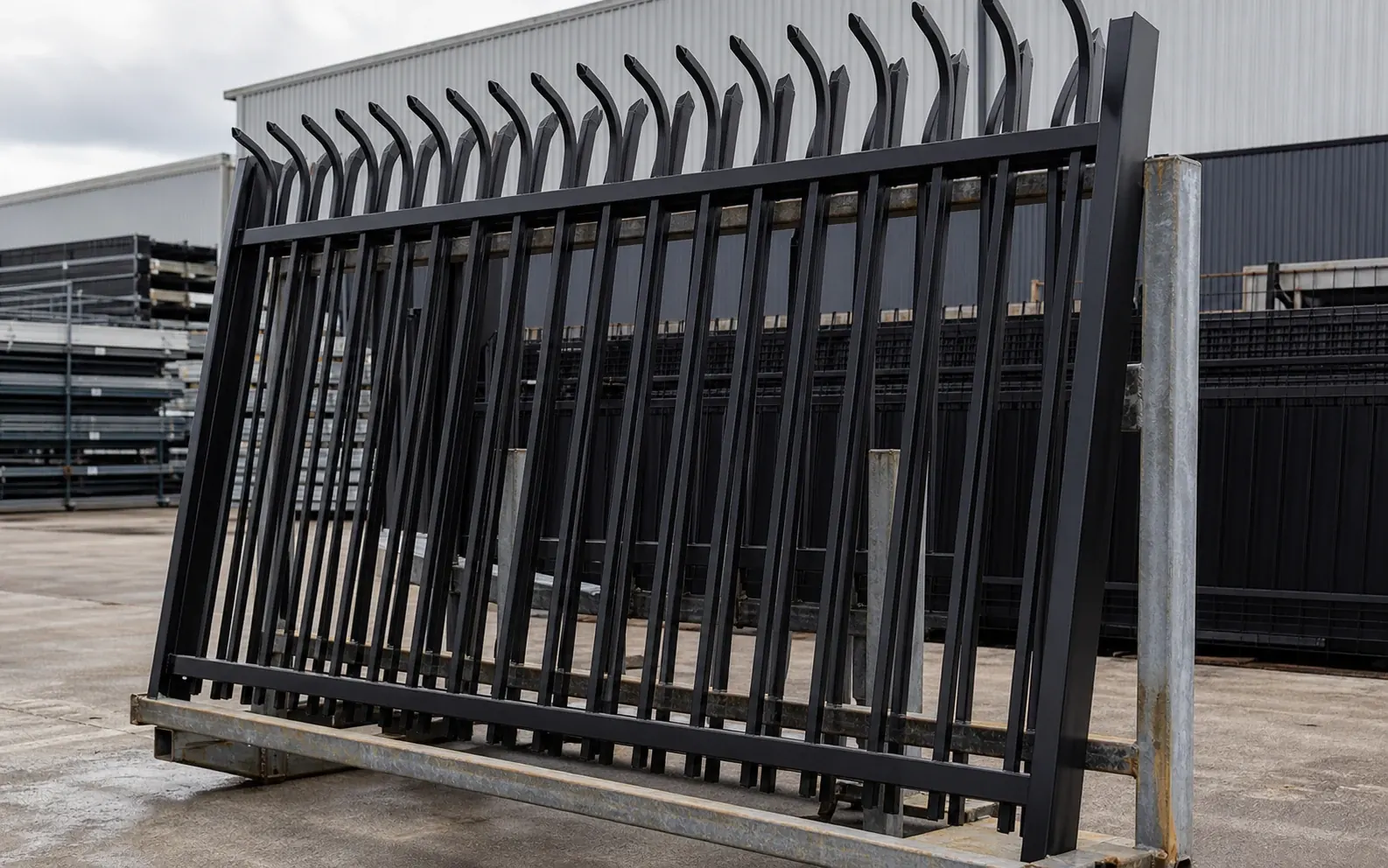 bent top metal security fence panels staged in factory yard before installation