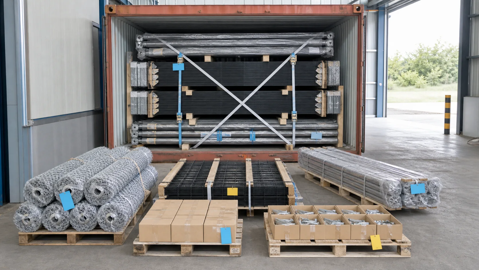 labeled fence bundles hardware cartons and container loading inspection