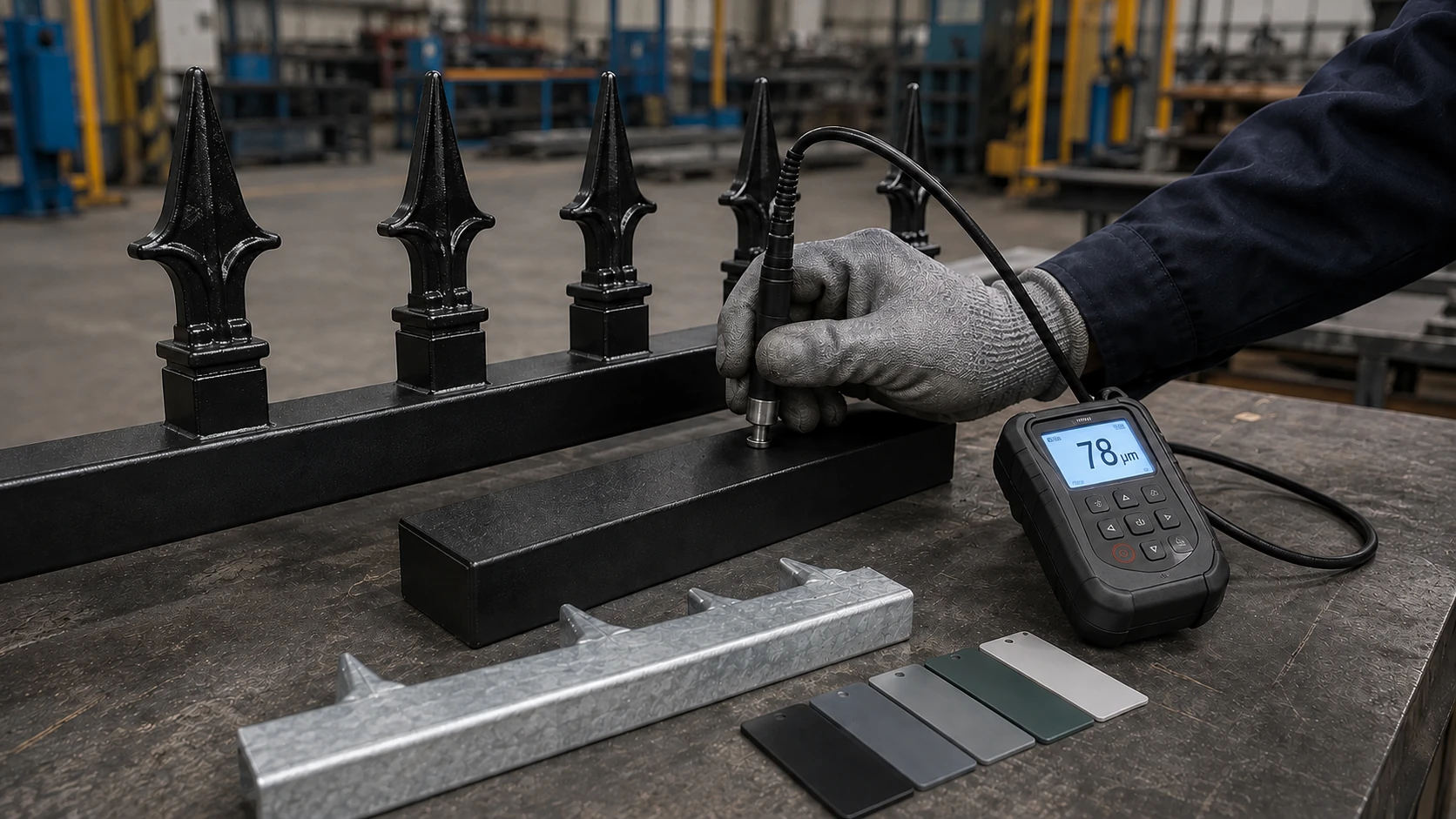Technician measuring a black powder-coated steel fence rail with a wired coating thickness probe displaying 78 micrometres