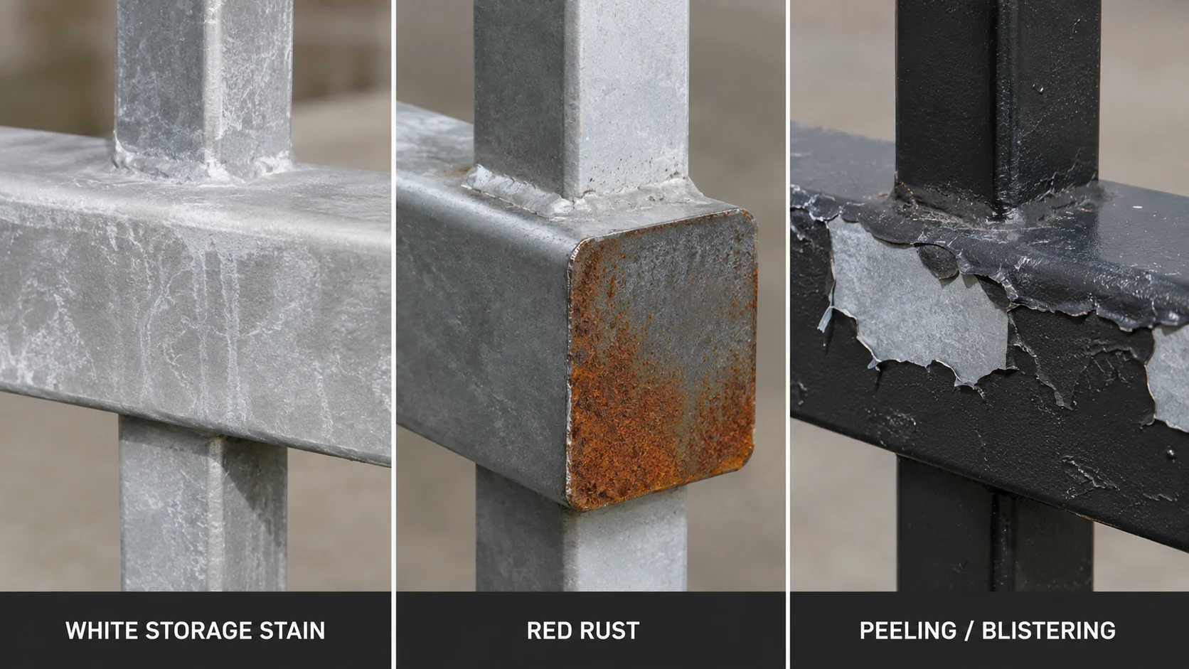 Illustrative comparison of white storage stain, red rust and peeling or blistering powder coating on steel fence components