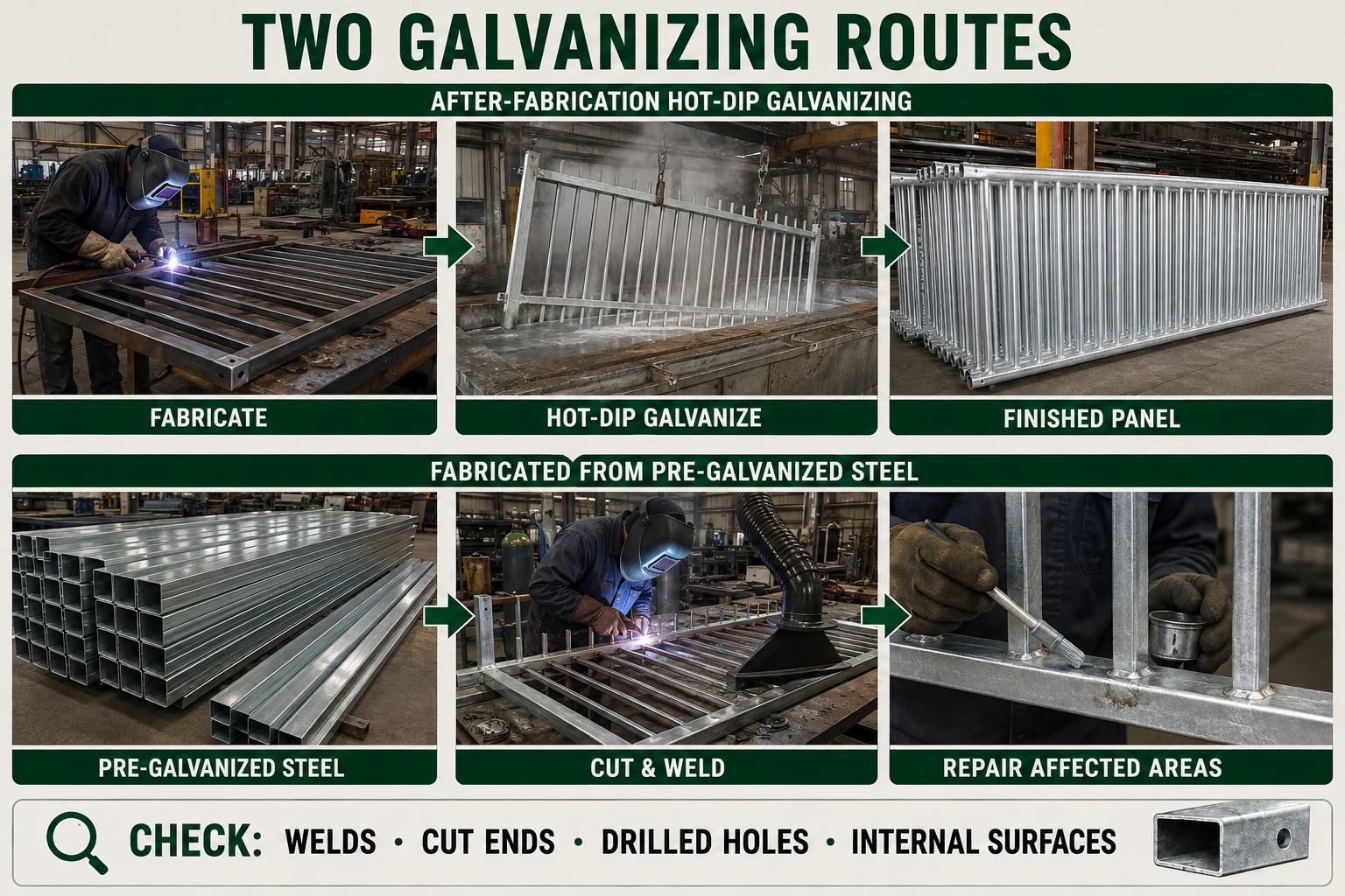 Photo-based comparison of after-fabrication hot-dip galvanizing and fabrication from pre-galvanized steel