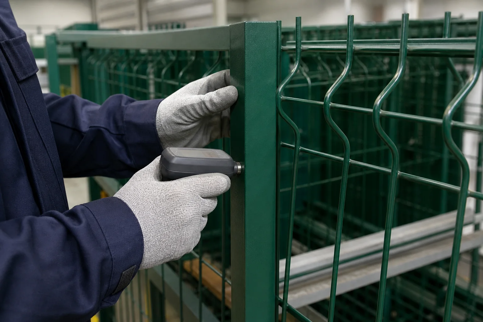 Technician checking the powder-coated surface of a green 3D fence post