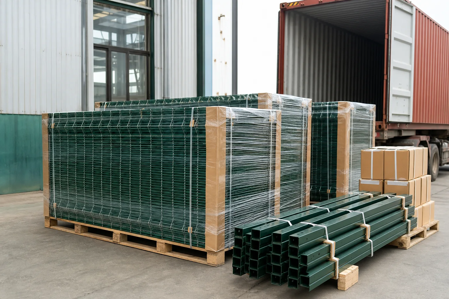 3D wire mesh fence panels, posts and accessory cartons packed for export