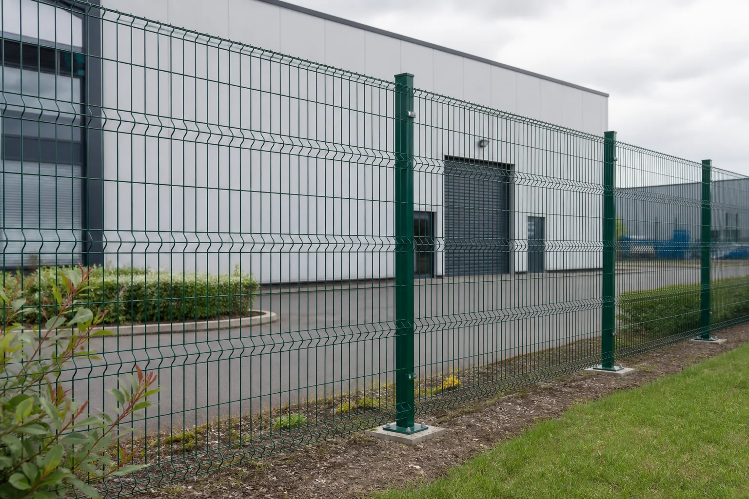 Green industrial 3D wire mesh fence installed around a factory perimeter