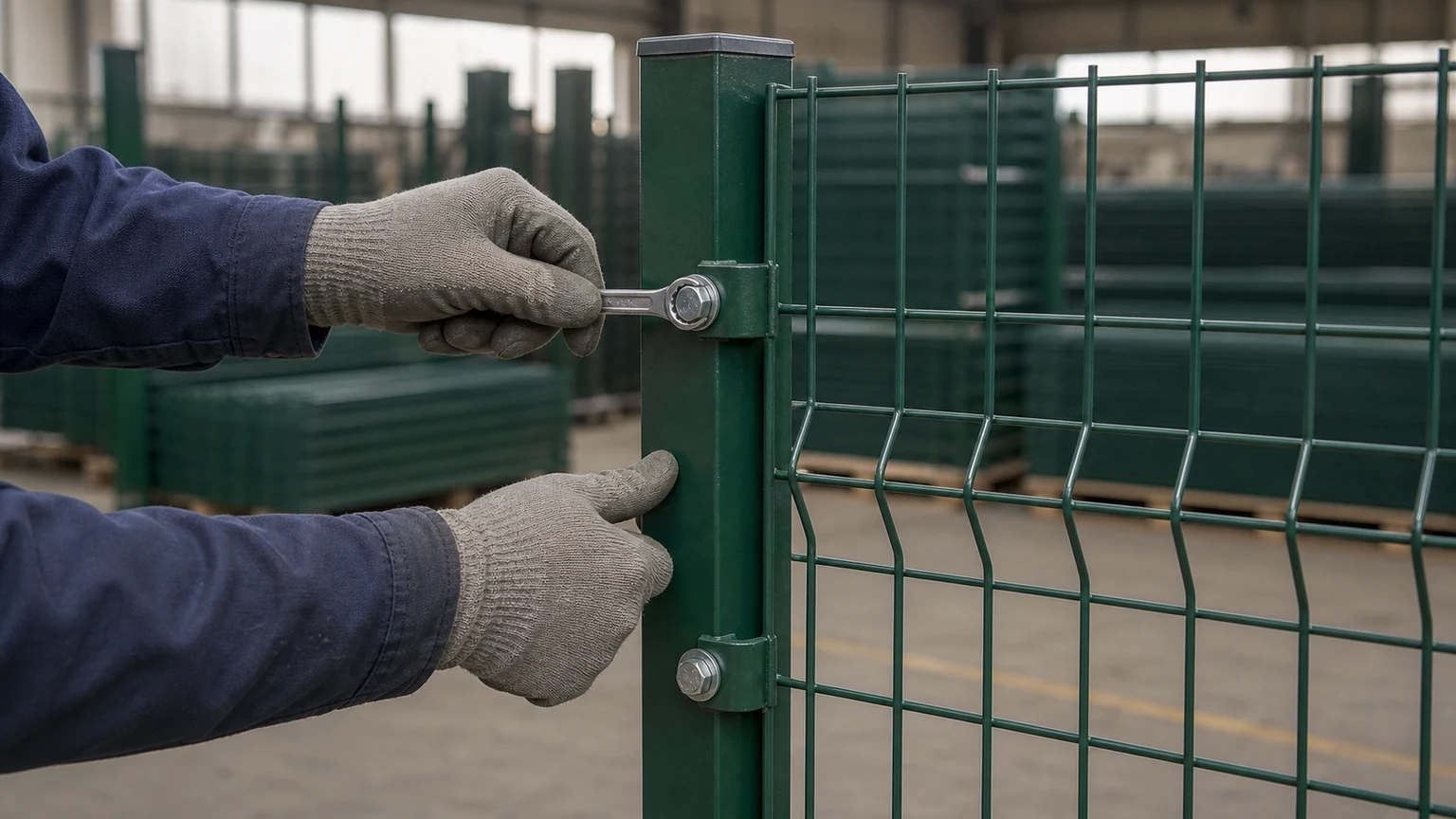 Factory worker trial-fitting a green 3D wire mesh fence panel to a square post with two fixing clips