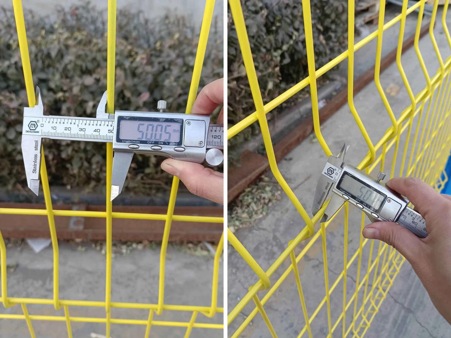 Digital caliper measuring the coated wire diameter of a yellow 3D fence panel