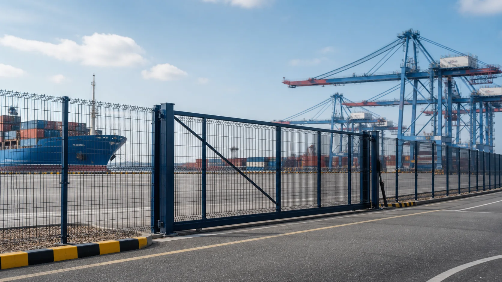 Port facility perimeter fencing with a matching security gate