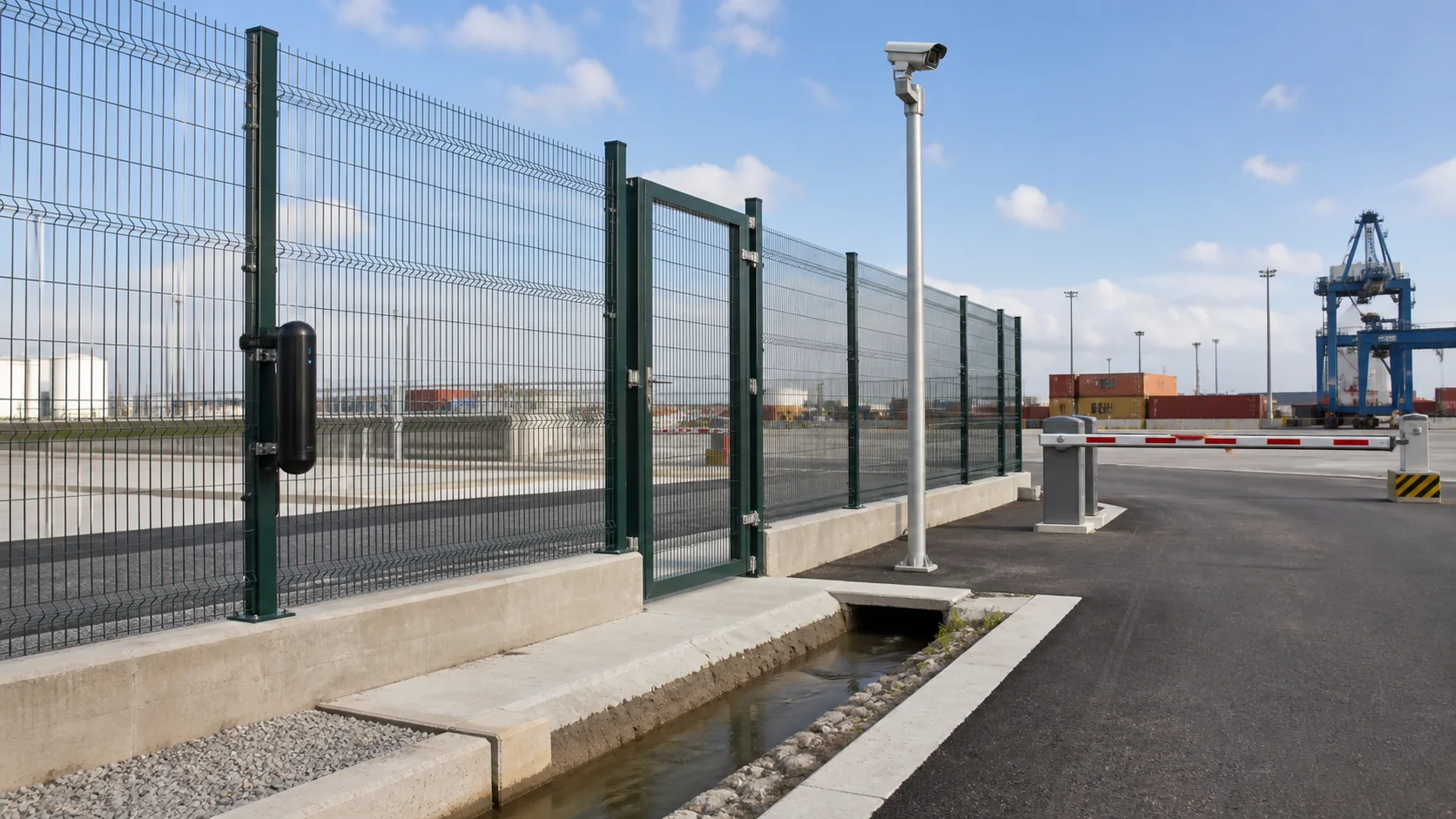 layered port perimeter security fence gate CCTV PIDS vehicle barrier and drainage interface