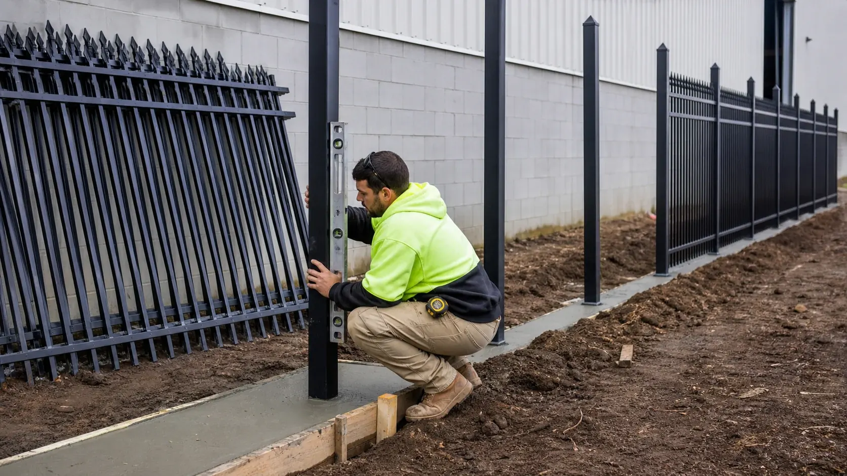 spear top fence installation with steel posts and concrete footing