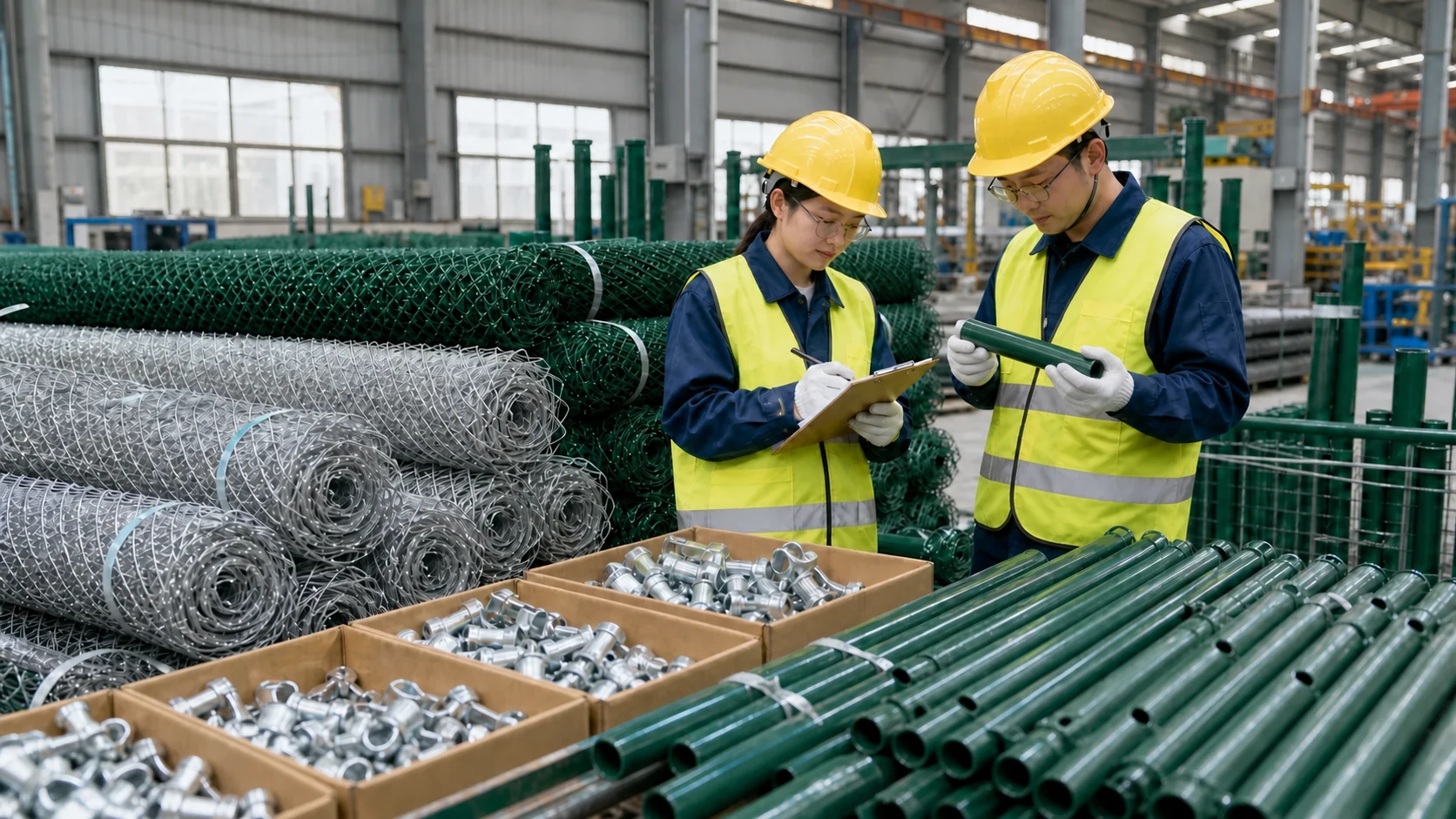 TOPSFENCE factory team inspecting chain-link fence fabric and components