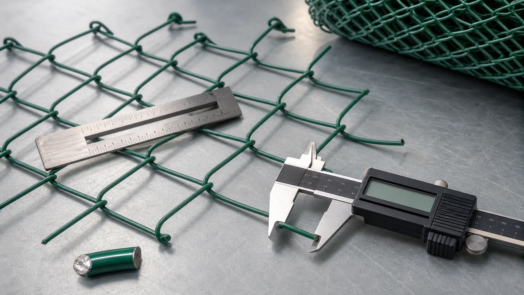 Caliper and gauge checking PVC-coated chain-link fence wire and mesh opening