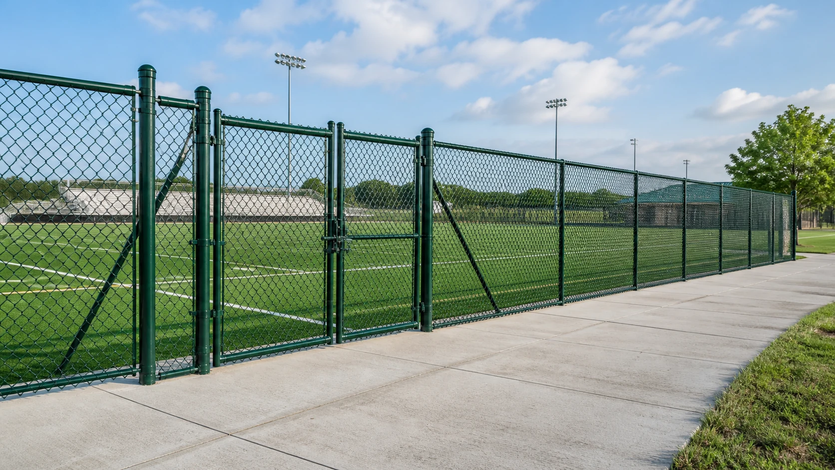 PVC-coated chain-link fence around a sports field perimeter and access gate