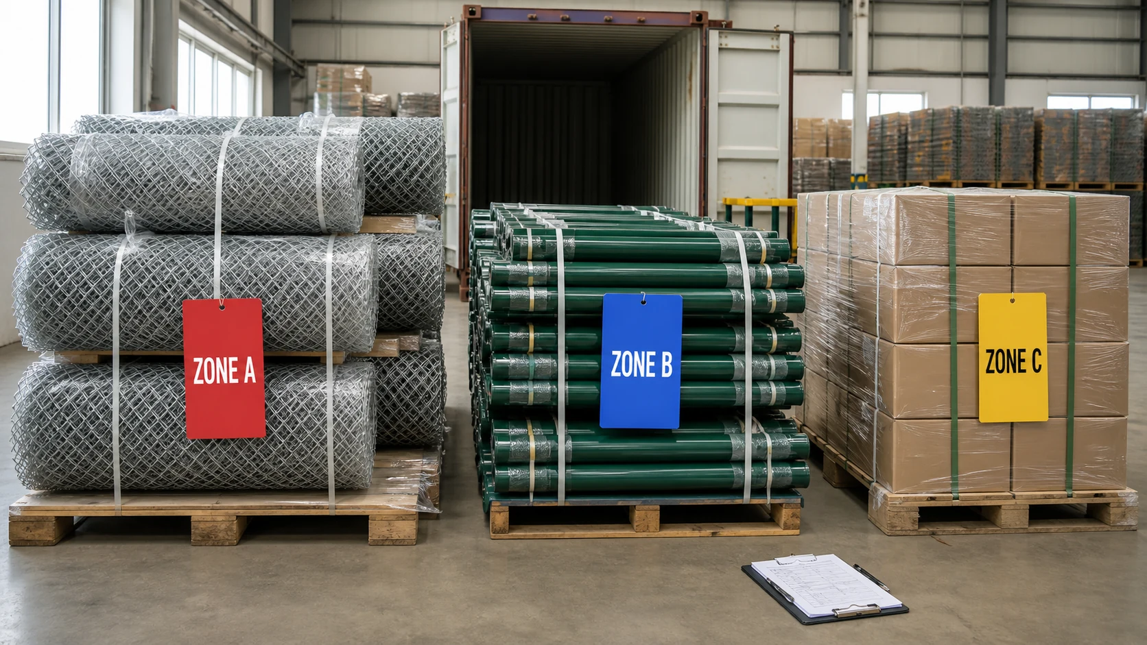 Chain-link fence rolls posts and fittings packed by project zone