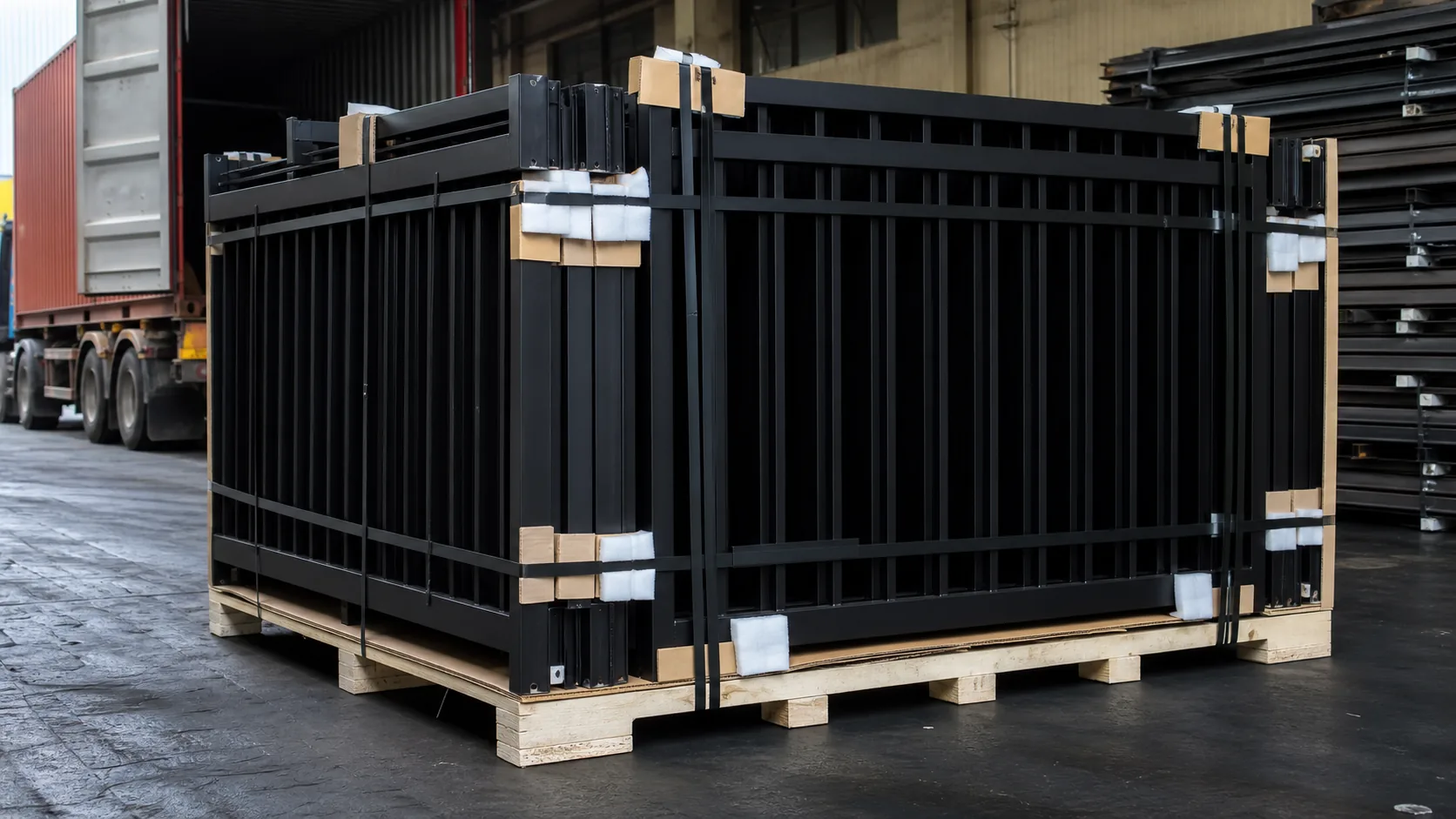 flat bar fence design panels prepared in a factory loading bay