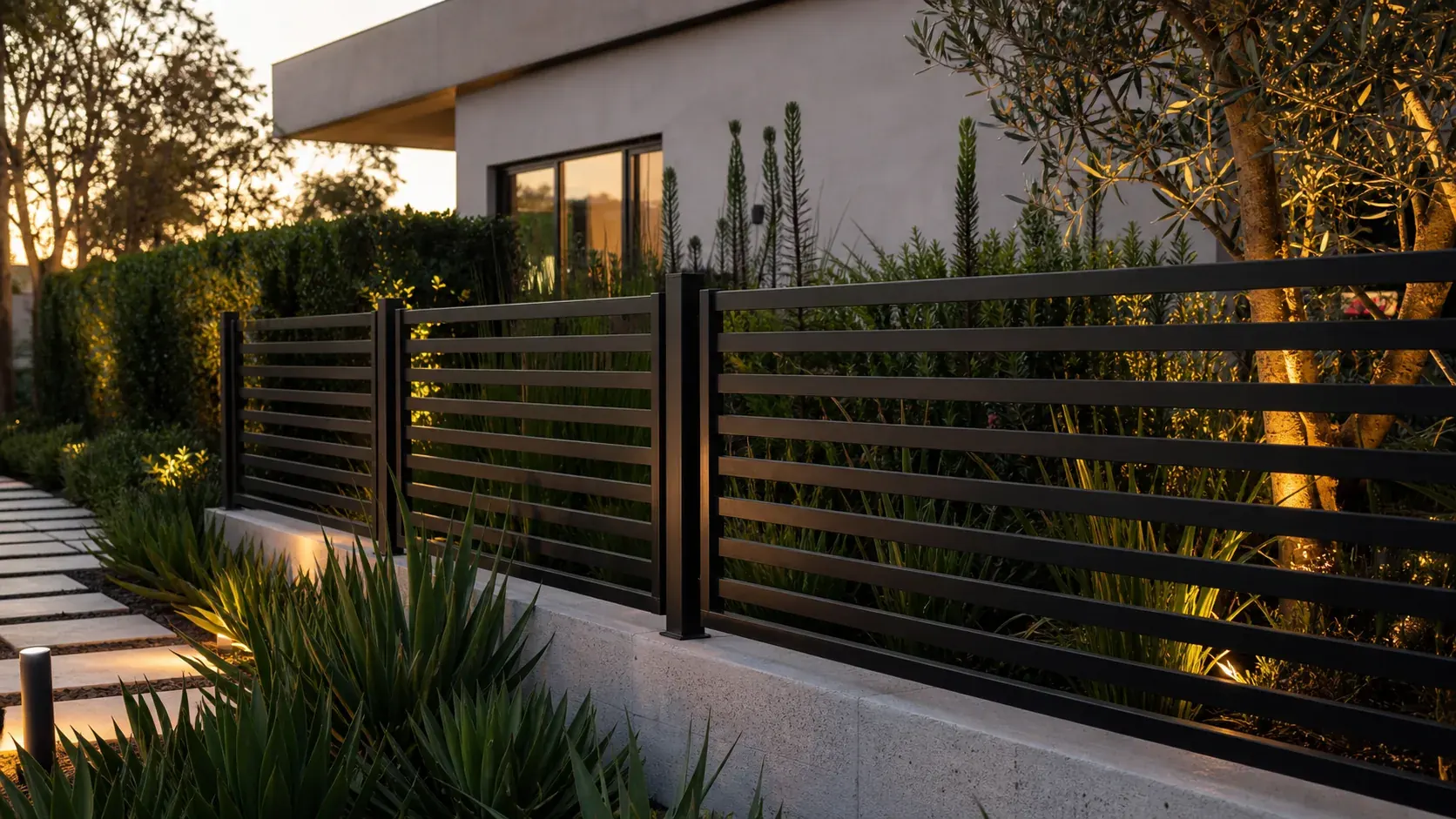 horizontal steel flat bar fence design for residential landscape boundary