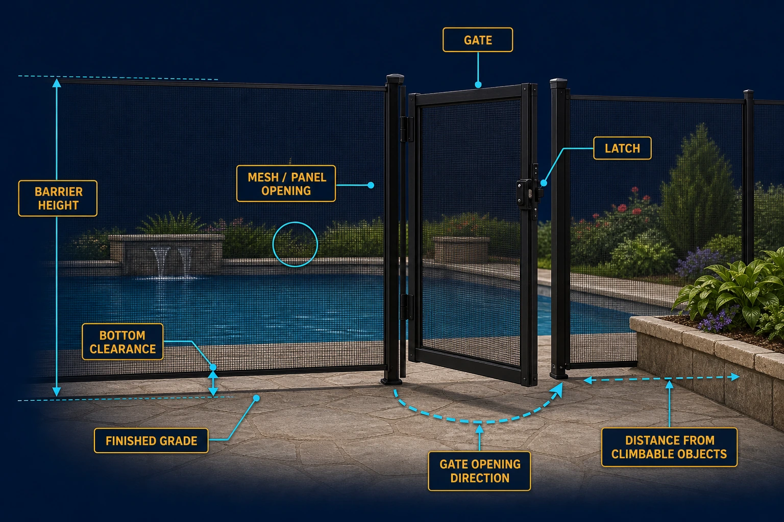 temporary pool fence inspection dimensions including height openings bottom clearance and gate