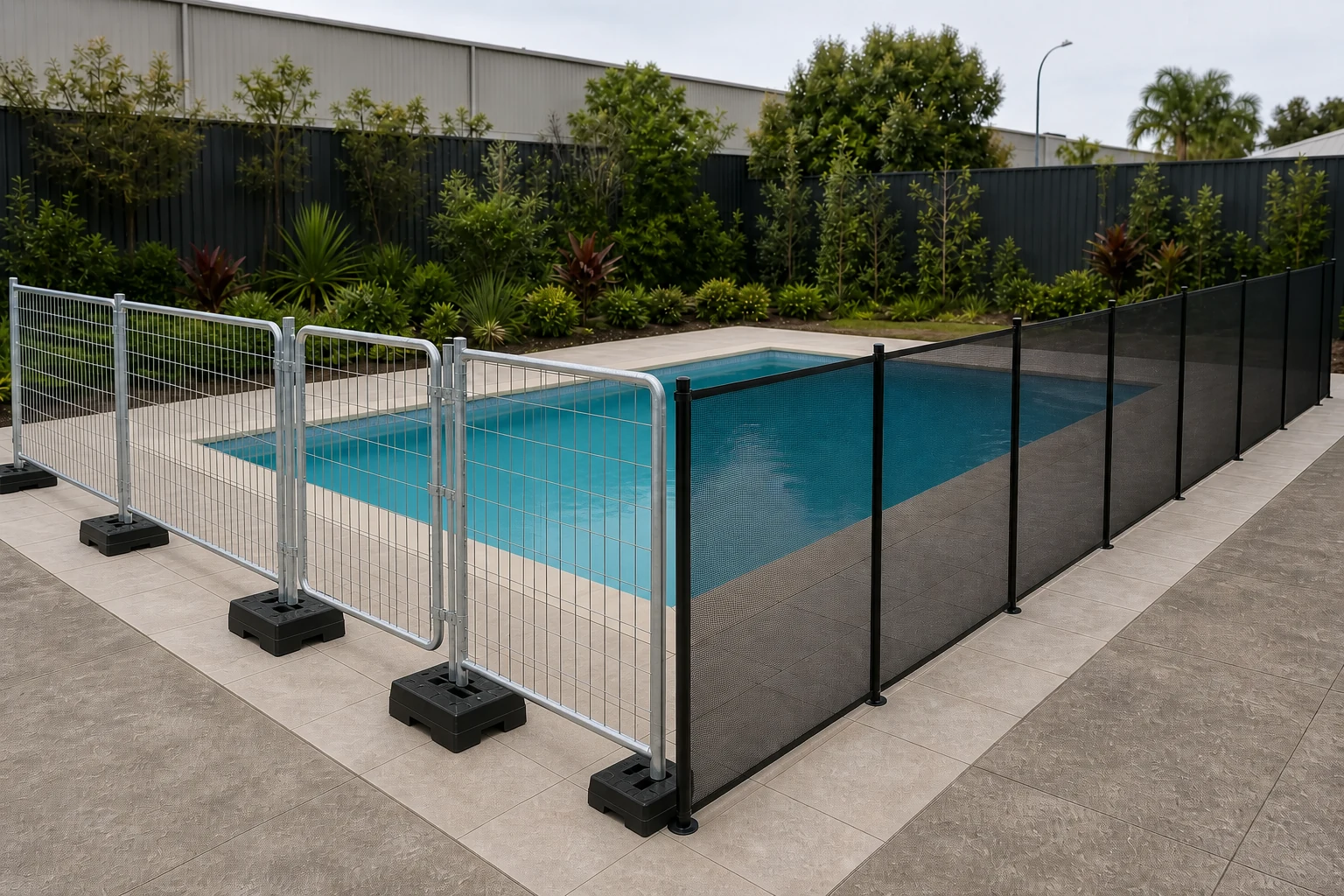 no drill galvanized welded mesh fence with weighted bases beside removable soft mesh pool fence in deck sleeves