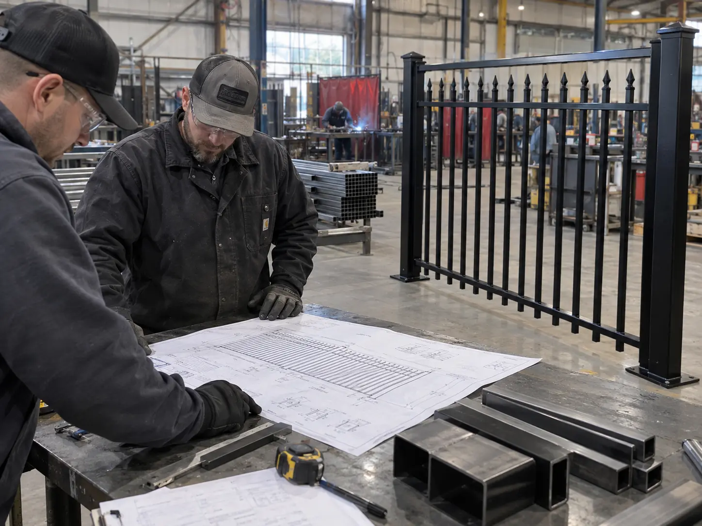 Illustration of a custom steel fence drawing review beside a finished panel