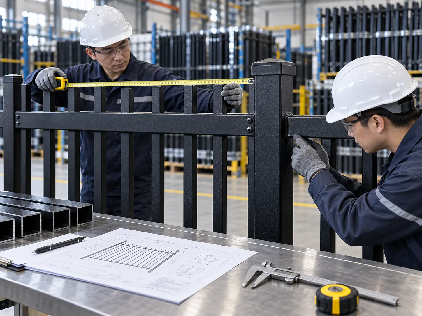 Illustration of workers checking fence panel dimensions and connections against a drawing