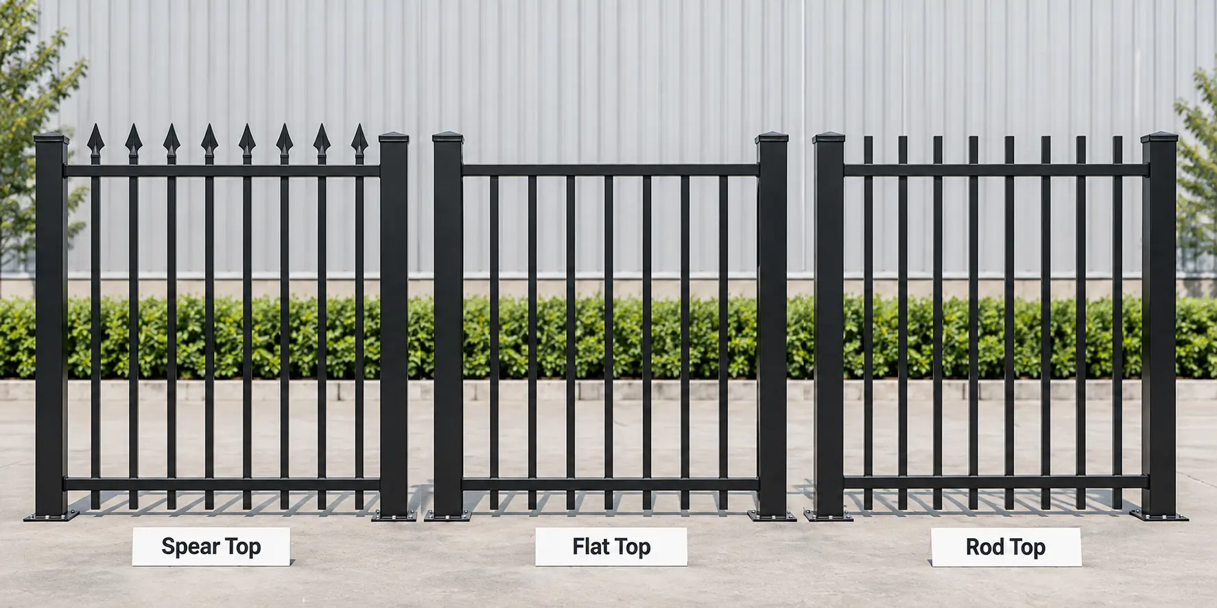 Spear top, flat top and rod top sample fence panels compared side by side
