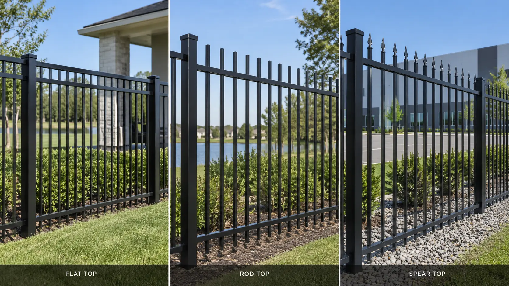 Flat top, rod top and spear top fence profiles shown in three boundary settings