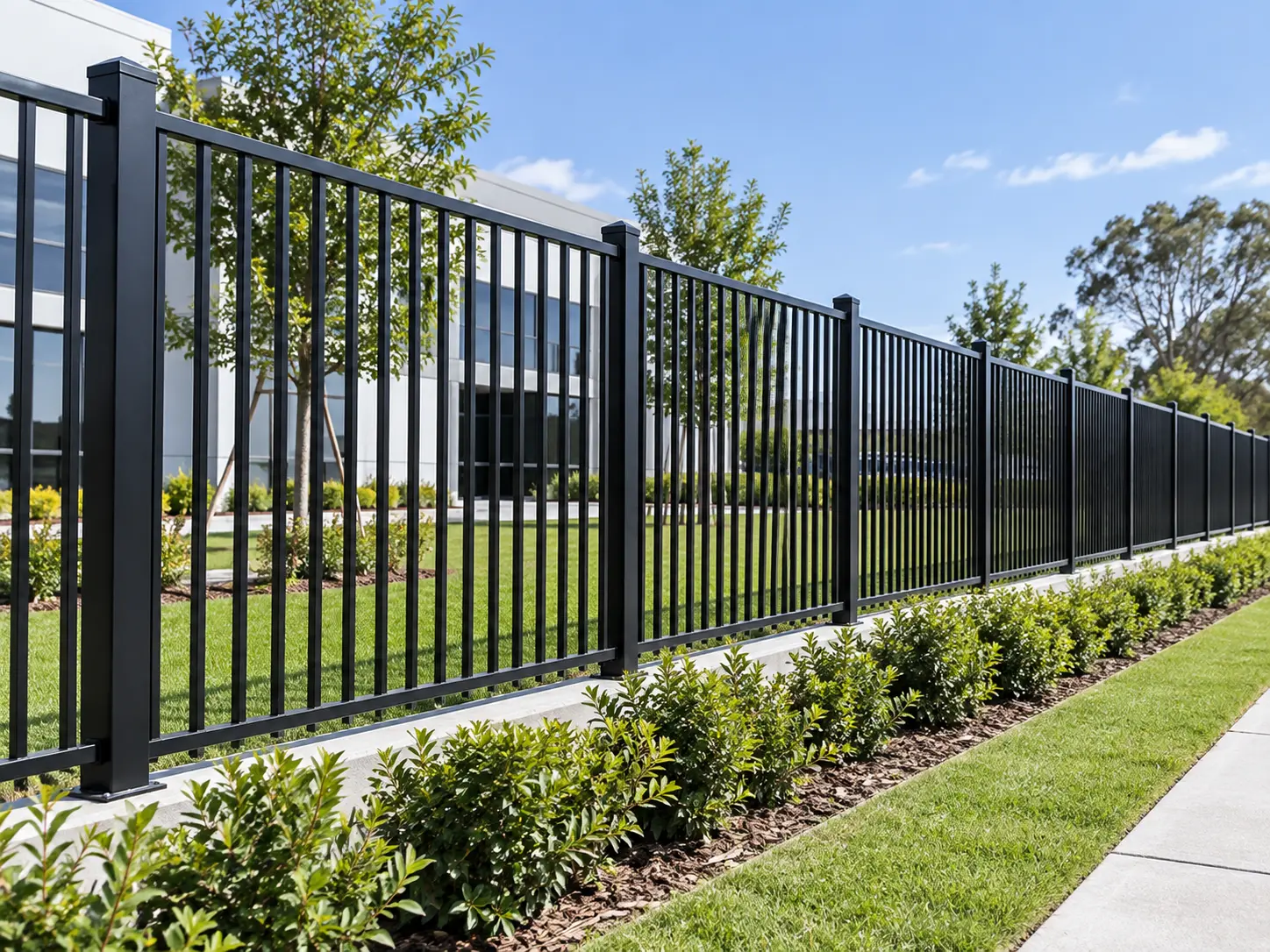 Illustration of flat top fencing with a continuous upper rail along a landscaped boundary