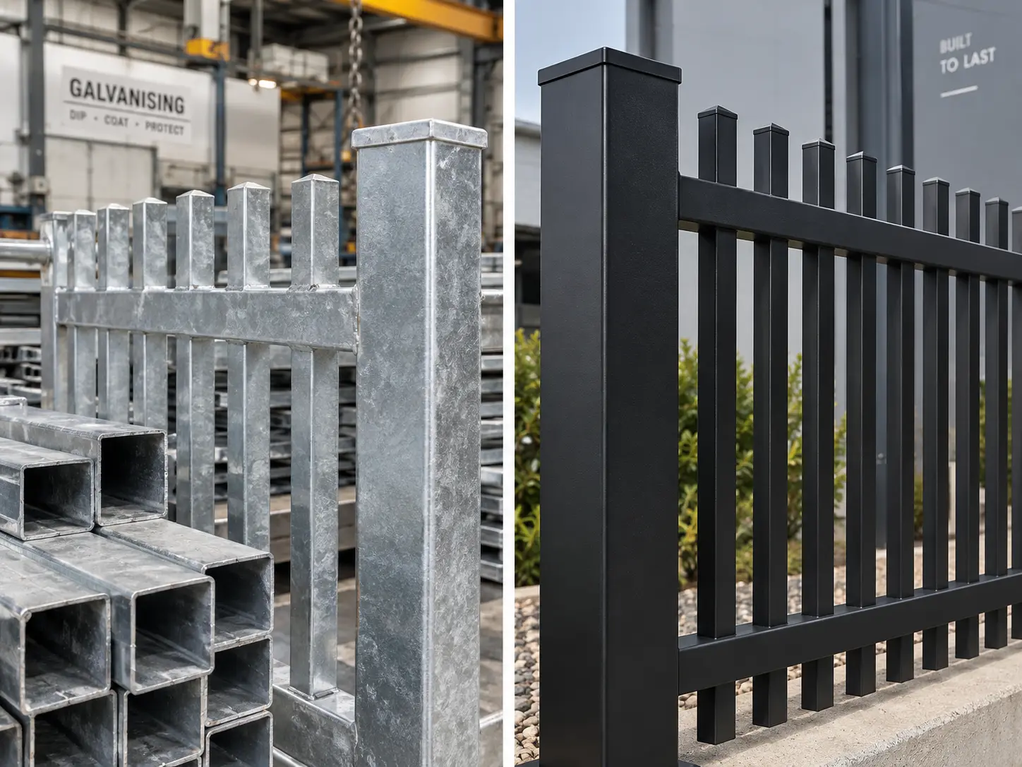Illustration comparing galvanised steel fencing and a black powder-coated finish