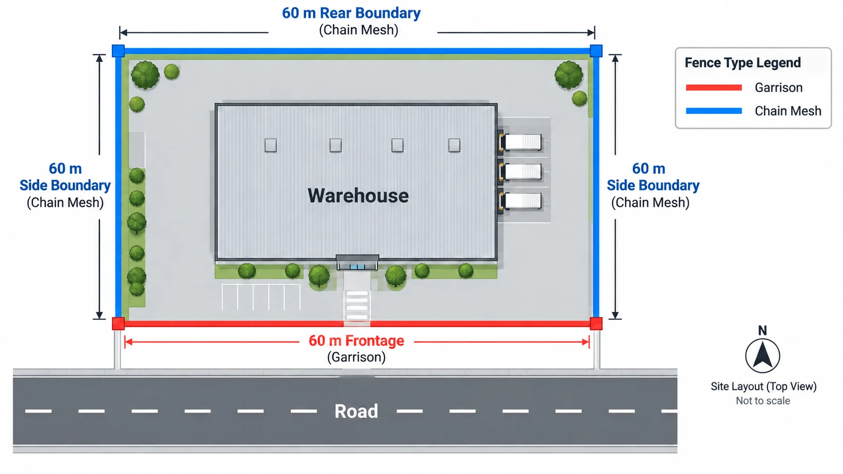 Illustrative warehouse layout with garrison at the frontage and chain mesh along the side and rear boundaries