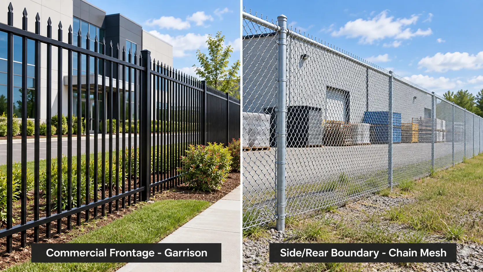 Illustration of garrison fencing at a commercial frontage and chain mesh along a warehouse boundary