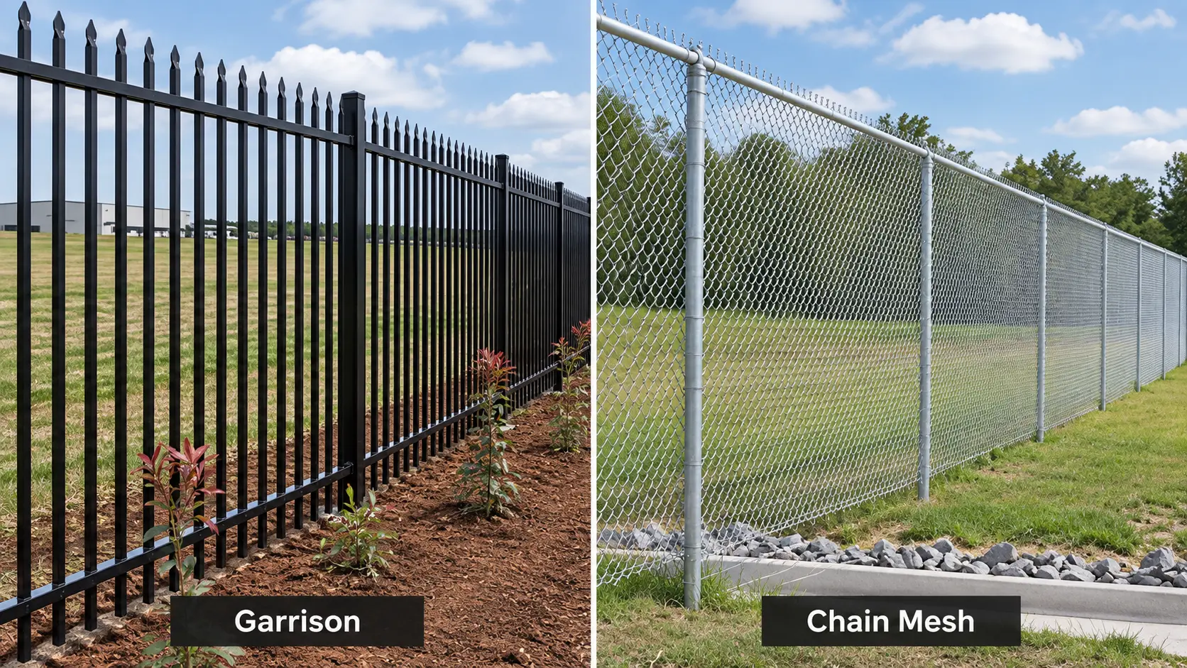 Illustration comparing black garrison picket panels with woven chain mesh fencing