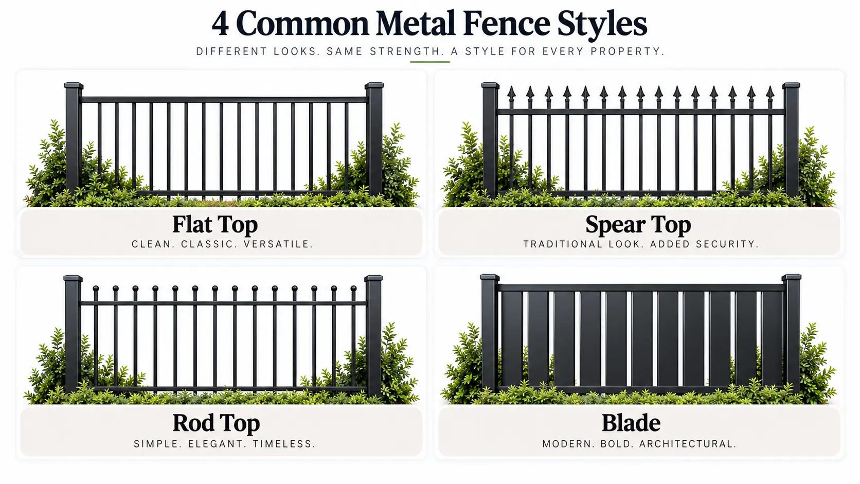 Flat top, spear top, rod top and blade metal fence styles
