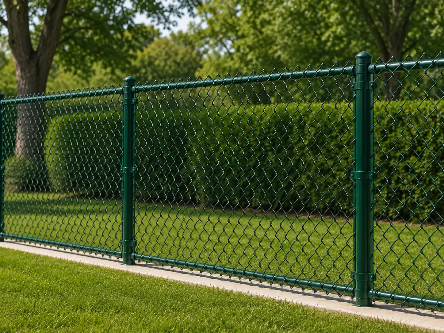 PVC coated chain link fence panels installed beside greenery