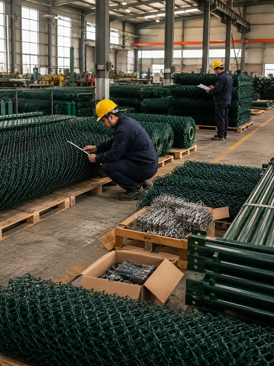 Factory workers checking PVC coated chain link fence rolls before shipment