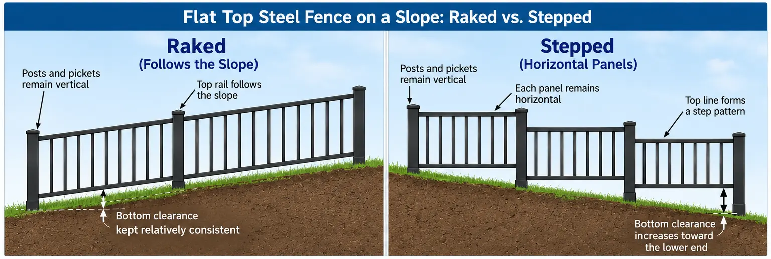 Raked and stepped flat top steel fence panels showing sloping rails, horizontal panels and differences in bottom clearance