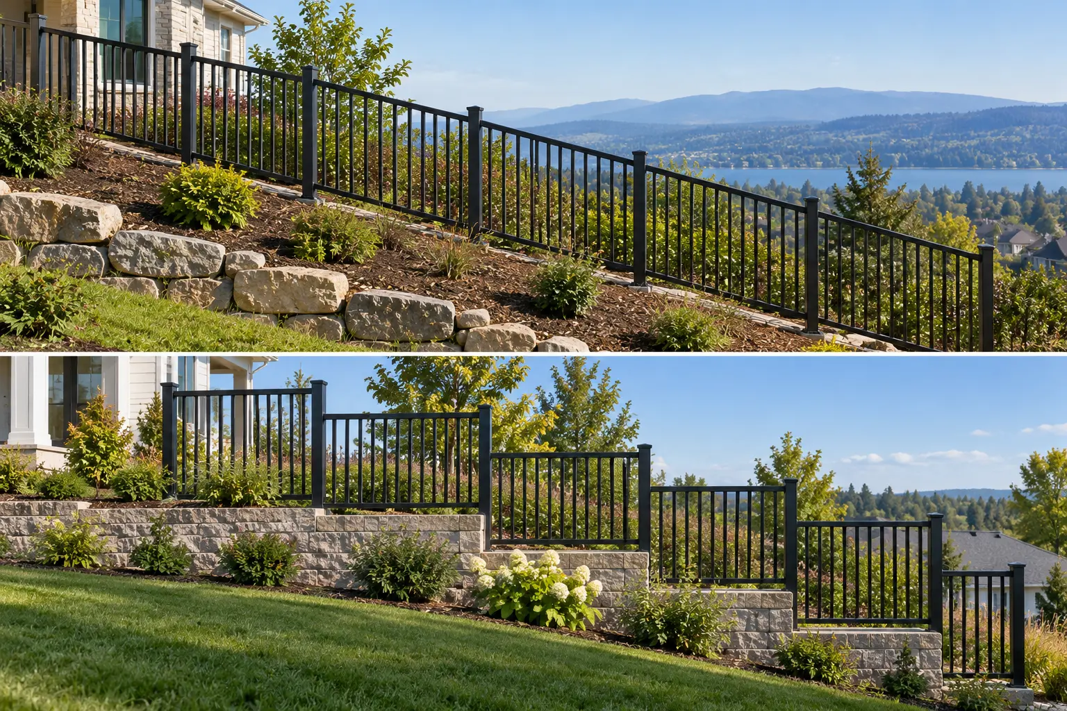 Black flat top steel fencing on landscaped slopes, with raked panels above and stepped panels below