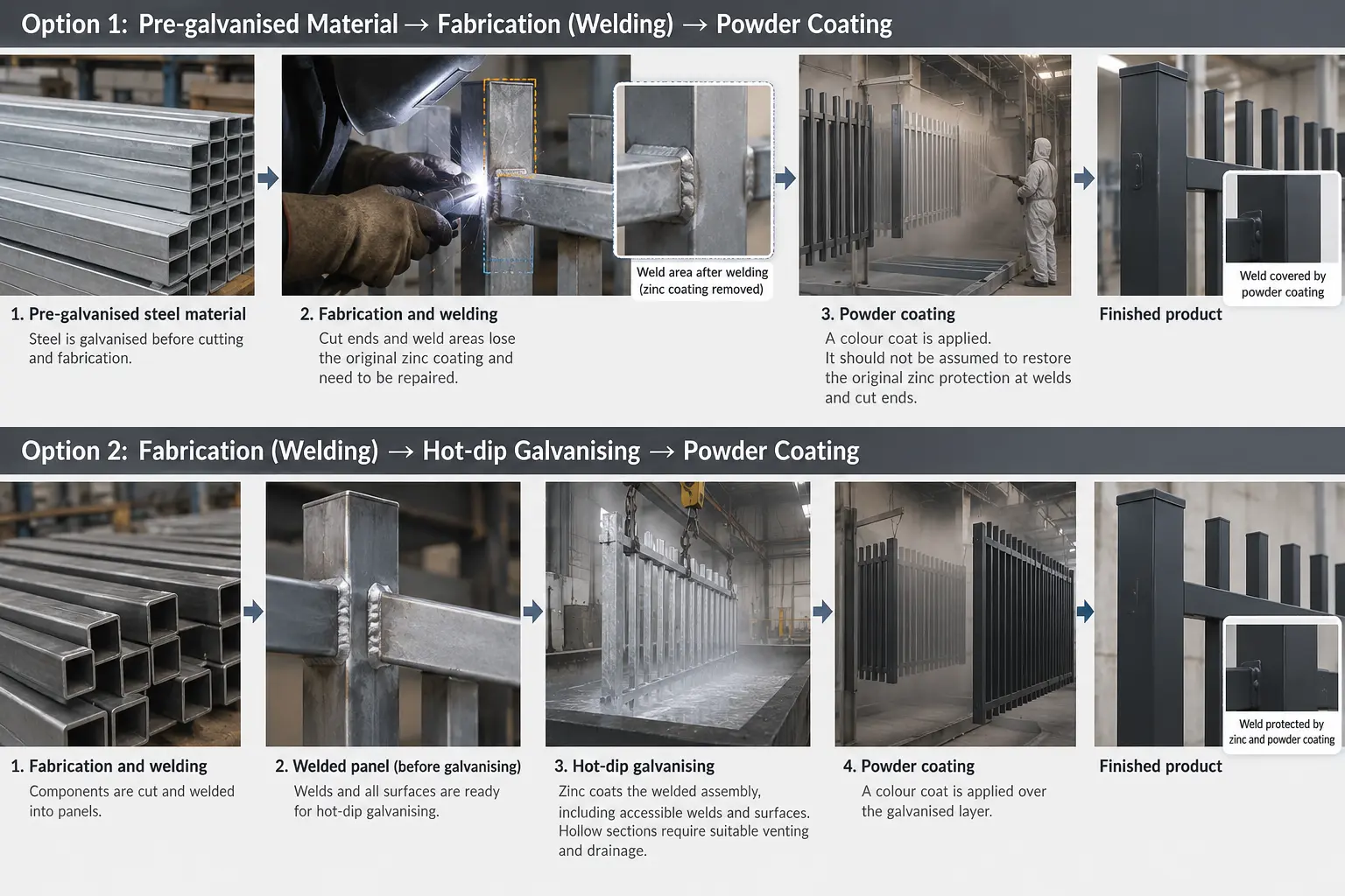 Two Galvanising Routes for Steel Rod Top Fencing Diagram comparing fabrication of pre-galvanised steel with hot-dip galvanising after welding, followed by powder coating.
