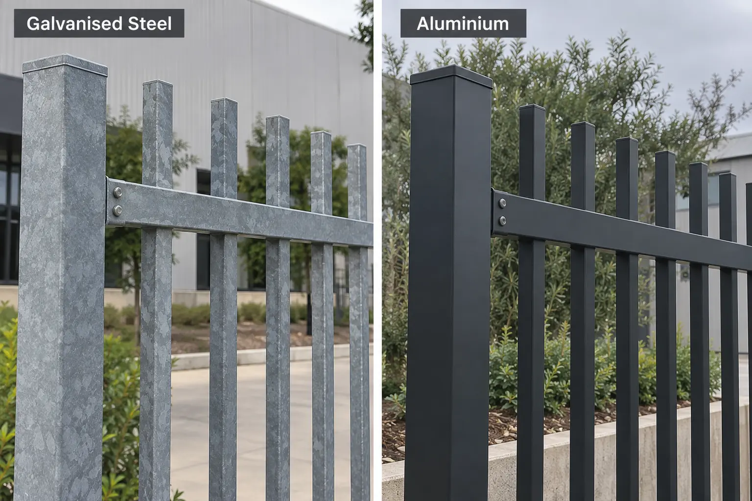 Illustration comparing galvanised steel and dark-coated aluminium rod top fences, showing posts, rails and vertical pickets.